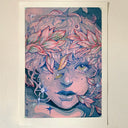 A drawing of a stylized portrait of a woman's face with pink leaves and small birds in her hair, set against a dark blue background with star-like sparkles.