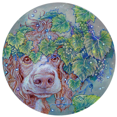 Drawing on circle panel of a fluffy long eared dog, looking out from behind many leaves with small grapes growing.
