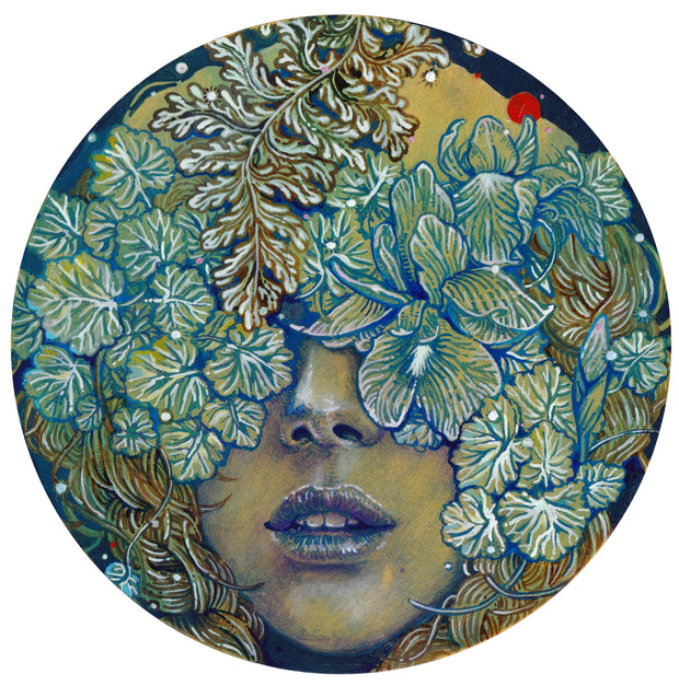 Drawing on circle panel of the face of a yellowish green skinned person with purple lips, their eyes and upper head are covered by different types of foliage and leaves.
