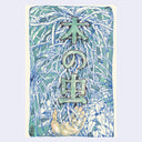 Drawing featuring the kanji characters for 'insect' written vertically in green with black outlines, set against a blue and white illustrated background of grass and leaves, with a hand reaching from the bottom.