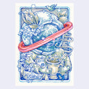 Artwork featuring a whimsical illustrated scene with a blue-toned globe, a coral-red ring, coffee cups, flowers, leaves, and the word 'MONDAY' at the bottom, shown on a light gray background.