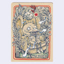 A vintage-style illustration of a person in a bird costume seated in an ornate chair, surrounded by decorative foliage and musical notes, with the word “THURSDAY” at the bottom. 