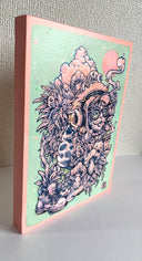 Blue line art illustration of a character with a human-like cat face, wearing a motorcycle helmet and surrounded by plants, a fish, cats and a boot. Piece is colored mint green and light pink.