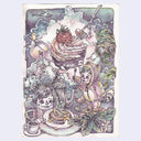 Illustration of a fantastical scene with characters and a large cupcake.