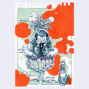Illustration of a person sitting on a flower cross legged, reading a tiny book. 