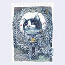 Illustration of a cat with a floating crown and a big bell on its collar. It is framed by leaves and foliage. 