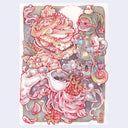 Colorful illustration of a character with a large, detailed cake-like object on a light gray background. Various coffee and pastry themed items are all over the piece.