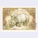 A vintage-style illustration showing a rhinoceros at center, framed by ornate decorative foliage and scrollwork in muted beige, olive green, and brown tones on a light background.