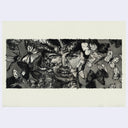 Greyscale illustration of a man looking straight on with several butterflies flying around his face.