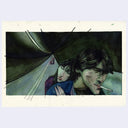 Mixed media illustration of a film still from Fallen Angels of a couple riding a motorcycle through a tunnel, the man smokes a cigarette.