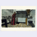 Mixed media illustration of a film still from Happy Together of a robed man standing in an empty industrial kitchen setting.