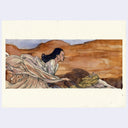 Mixed media illustration of a film still from Hero of a woman in a flowy white dress riding a horse through a desert landscape.