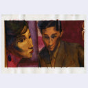 Mixed media illustration of a film still from In the Mood for Love with a man and a woman standing closely to one another in a hallway.