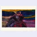 Mixed media illustration of a film still from Kagemusha of a samurai fully decked out in Samurai armor.