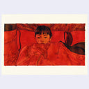 Mixed media illustration of a film still from Raise the Red Lantern of a woman wrapped in red sheets.