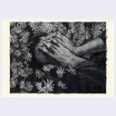 Mixed media illustration of a film still from the black and white film Seven Samurai of a man in a bed of flowers, covering his face.