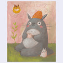 Painting of a stylized Totoro, sitting on a grassy ground. He wears an orange beanie and holds a small cup of coffee. Around him is a chibi totoro and a catbus, partially rendered.