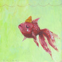 Painting on green background of a red goldfish, wearing a yellow beanie and crying a single tear.