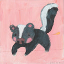 Painting of a cute skunk with pink cheeks, on a pink background.