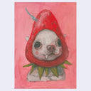 Painting in a chunky style of a small chihuahua with large eyes and one pointed tooth. It wears a strawberry around its head, with a fork coming out of it.