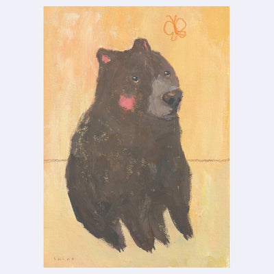 Painting of a large brown bear sitting in an orange room looking up at a butterfly.