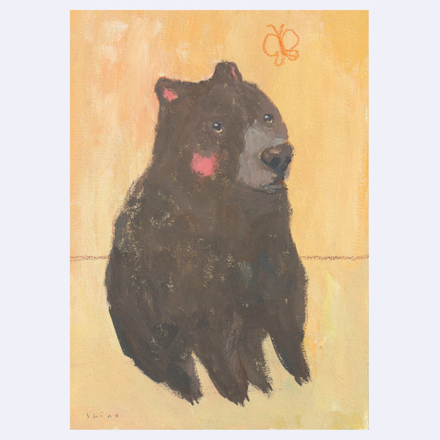 Painting of a large brown bear sitting in an orange room looking up at a butterfly.