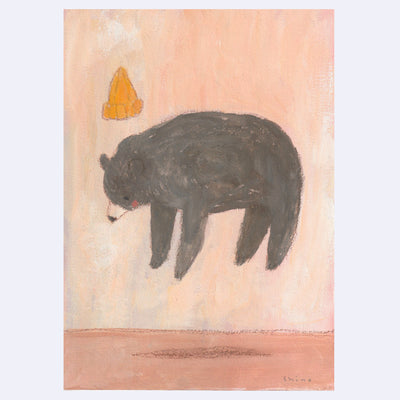 Painting of a bear, floating inside an orange room with a floating beanie overhead.