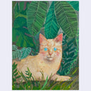 Illustration of an orange cat, laying and looking at the viewer with its bright blue eyes. It is amongst lots of foliage - leaves and grass and weeds.