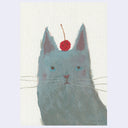 Textured illustration of a gray cat, seen only from the chest up, with blue eyes and long whiskers. A small cherry sits atop its head and has a tiny smiley face on it.
