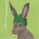 Acrylic painting of a rabbit wearing a green beanie, with gold rimmed glasses smoking on a green background.