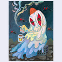 Colorful ghost-like figure with red eyes and a lit cigarette, sitting on a building and holding a coffee cup against a dark background
