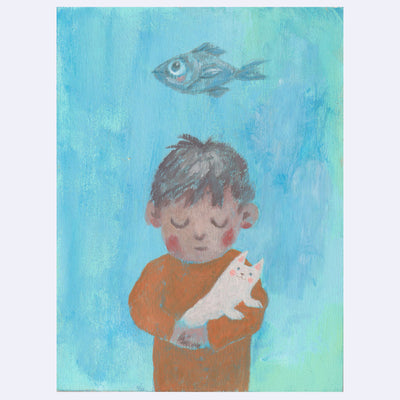 Chunky illustration of a small boy, standing in front of an aquarium wall and holding a small white cat or dog. Behind him, swims a single fish.