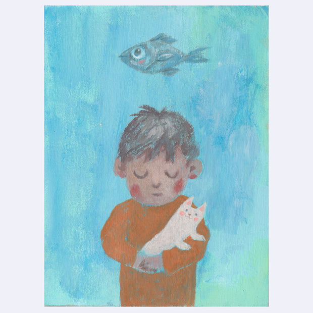 Chunky illustration of a small boy, standing in front of an aquarium wall and holding a small white cat or dog. Behind him, swims a single fish.