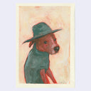 A painted portrait of a brown dog wearing a dark green hat and matching green shirt, set against a warm cream background with visible brushstrokes.
