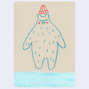A hand-drawn blue bear wearing a red striped hat, standing over a light blue watercolor base against a warm beige background.