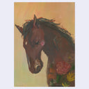 Painting of a horse with floral elements on its body, against a yellow-brown background.