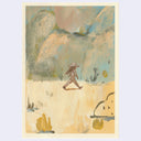 An abstract landscape painting featuring a minimalist figure walking through a stylized desert scene with mountains, rendered in soft beige, blue, green, and brown tones.