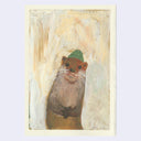 A whimsical painting of a brown otter wearing a green hat, set against a cream and beige textured background, presented on a light lavender-gray background.