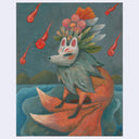 A surreal painted artwork showing a fox-like creature with a white mask and red markings, seated in the middle of blue and green water surroundings, with red teardrop forms falling from a dark blue-gray sky. The fox has many tails.
