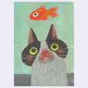 Illustration of a cute, cartoon black & white cat with large green eyes. Floating over its head is an orange goldfish.