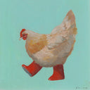 Painting of a fluffy chicken wearing large red rain boots, walking in front of a blue background.