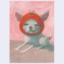 Textured illustration of a white chihuahua, resting on the ground with its front paws in front of it. It has a sleepy expression and a tomato around its head.