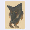 Crayon drawing of a fluffy brown dog with amber colored eyes, like a German Shepard. 
