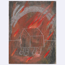 Textured artwork in mostly grays and reds of a house with 4 animal legs. The house is on fire and a very long bodied rabbit jumps over the burning house.