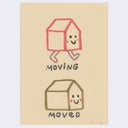 Illustration of a cartoon house character with 'moving' and 'moved' text on a beige background