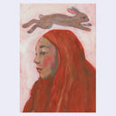 Painting of a woman looking off to the side, seen from the shoulders up. She has long orange hair that covers her body and rosy cheeks. A brown bunny hops over her head.