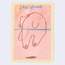 Artwork featuring a pink background with a simple brown line drawing of a bear-like figure, seen from behind, and blue handwritten text reading 'she float' near the top, set against a light gray background.