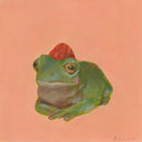 Painting of a green frog, with a red beanie against a peach colored background.
