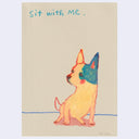 A hand-drawn illustration of a small yellow dog with a large blue spot on its left eye and ear., with the text 'Sit with ME.' written at the top on a warm beige background.