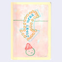 Artwork featuring a hand-drawn abstract composition on a pale pink background with a yellow border. A large blue outlined arrow shape contains orange circular marks and the words “START HERE” in blue.